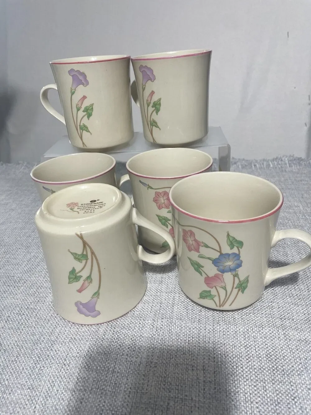 STONE WARE PRIMAVERA 8495 VINTAGE Pingk & Blue Floral‎ COFFEE MUGS SET/6 cups